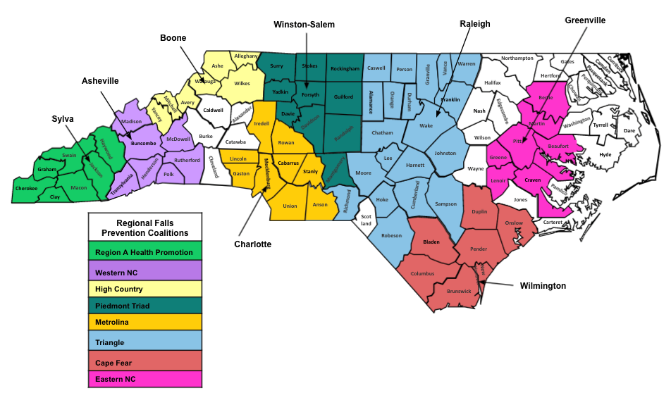 Map of the 8 regional falls prevention coalitions in NC