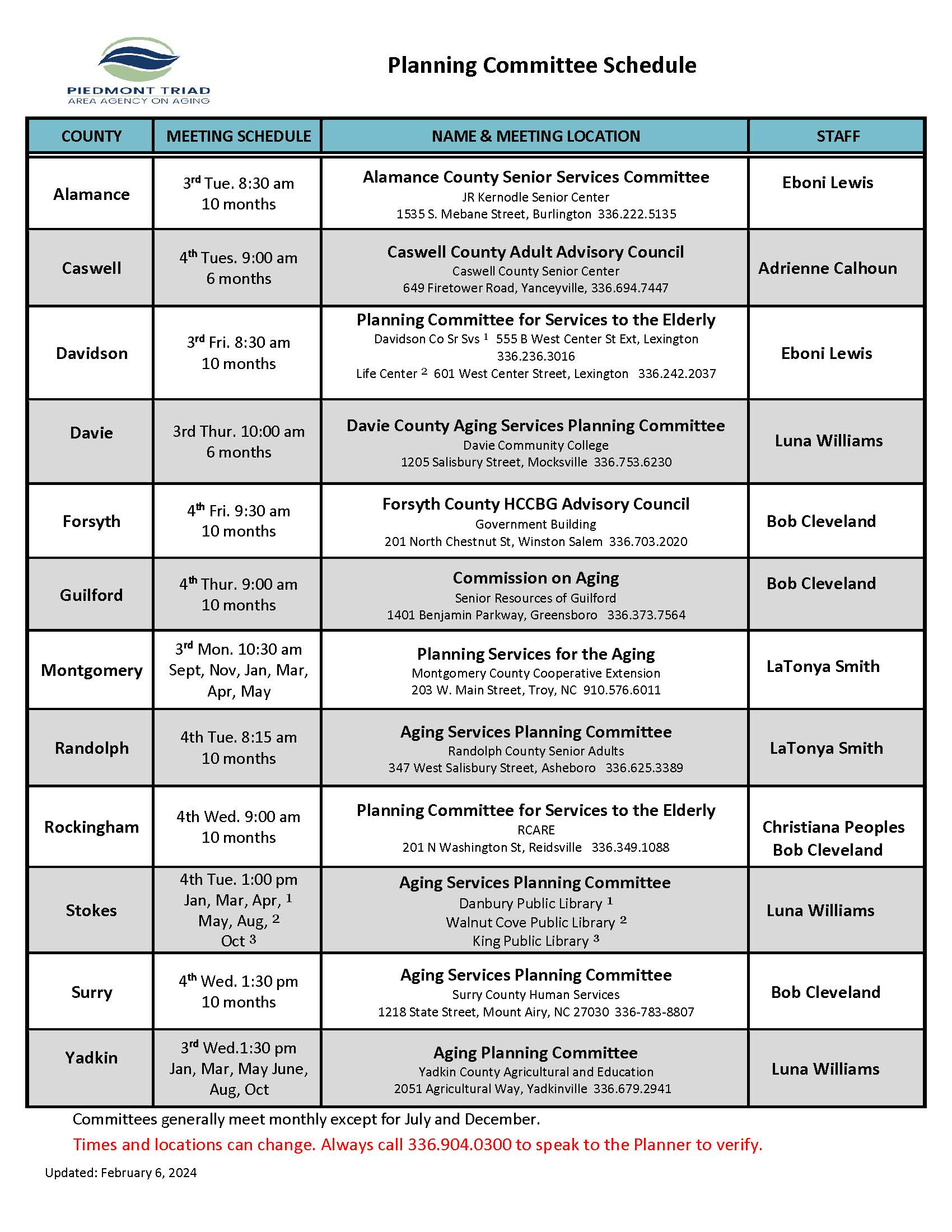 Planning Committee Schedule