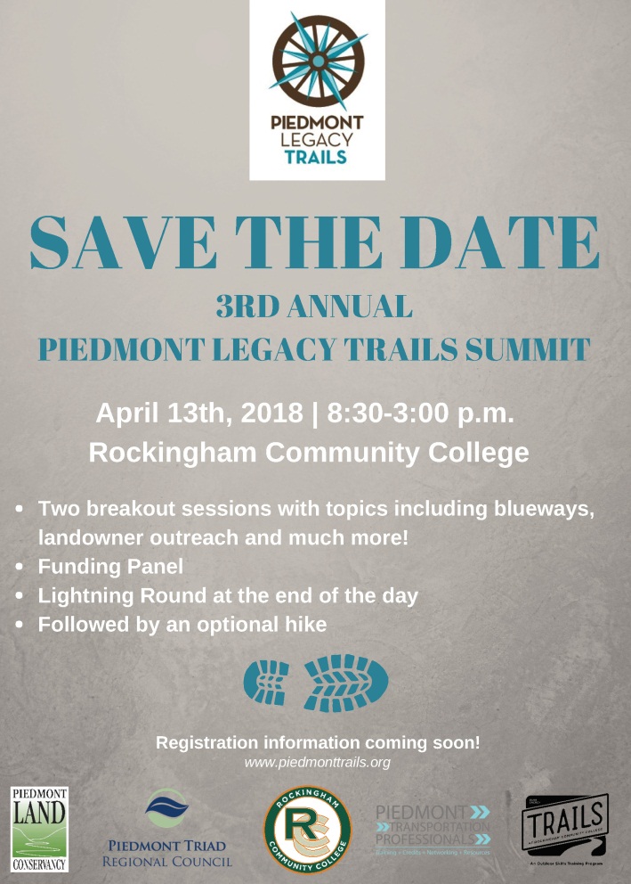 Piedmont Legacy Trails 3rd Annual Summit Save the Date for April 13, 2018